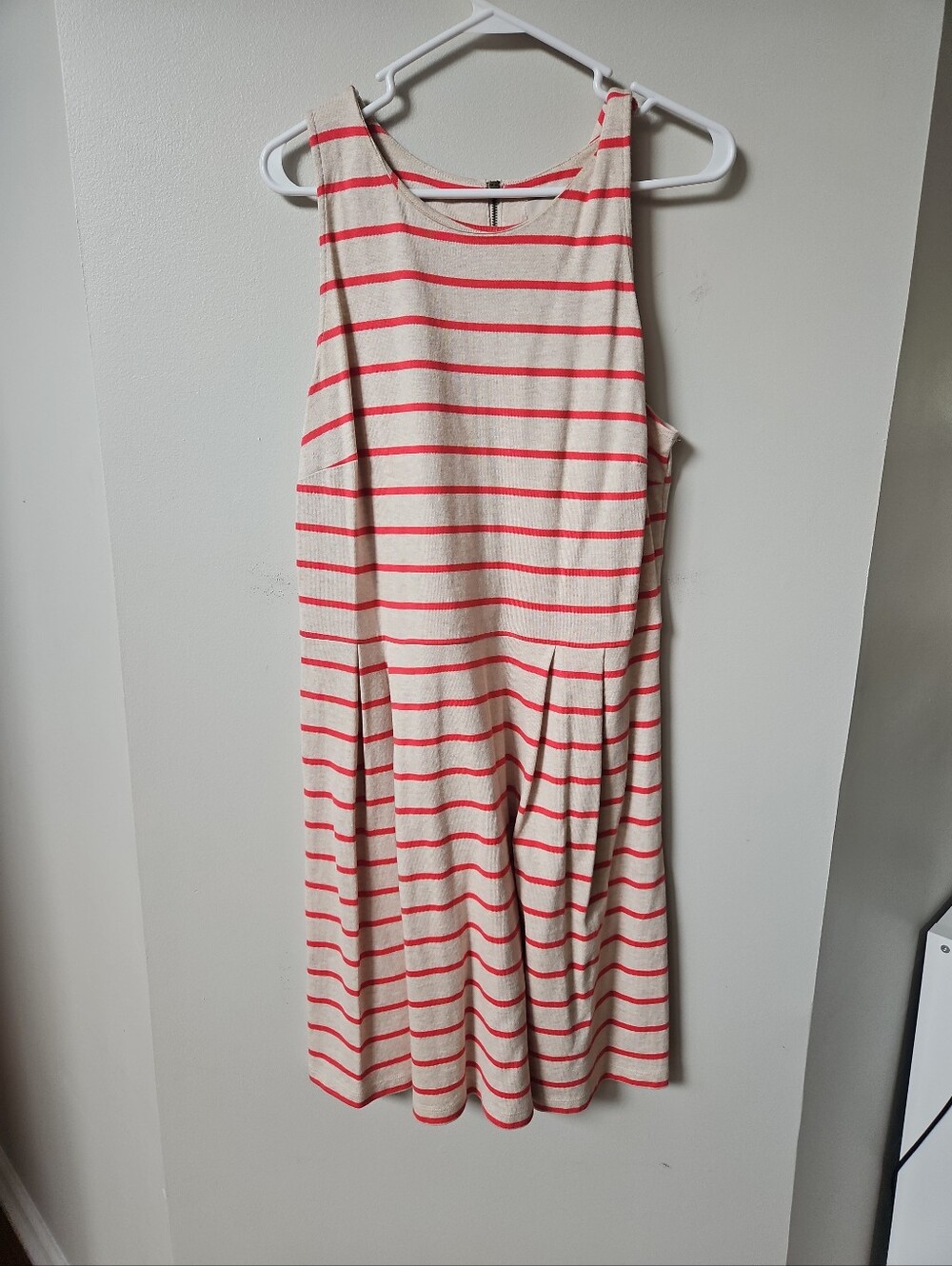 LOFT Women’s Striped Oatmeal Gray Pink Pleated Sleeveless A-Line Dress Sz 14